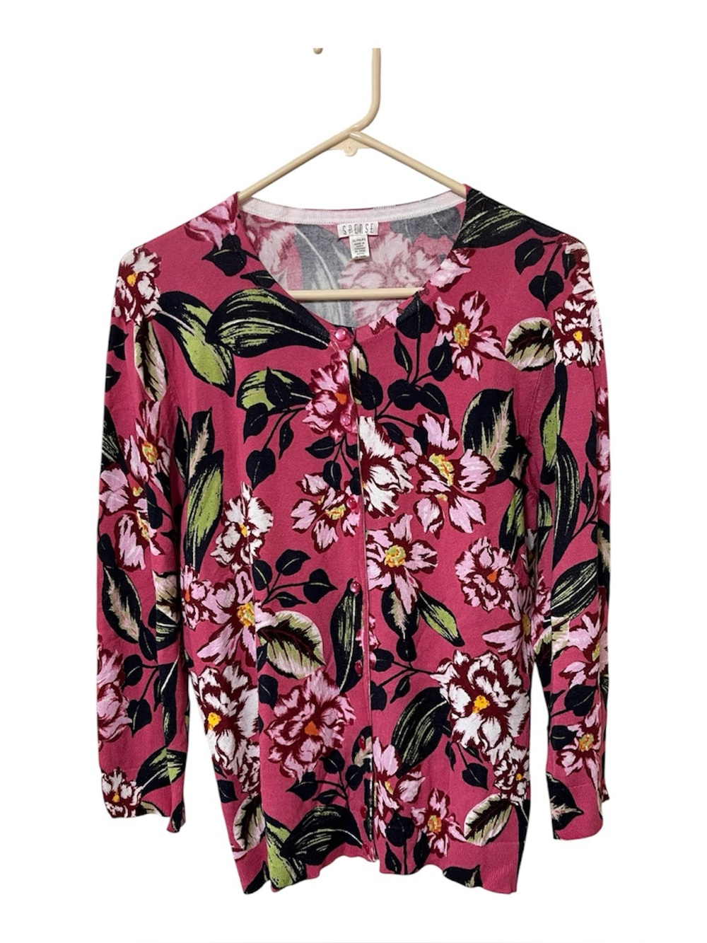 Spense XL Pink Floral Button Front Cardigan Sweater 3/4 Sleeve Lightweight Knit